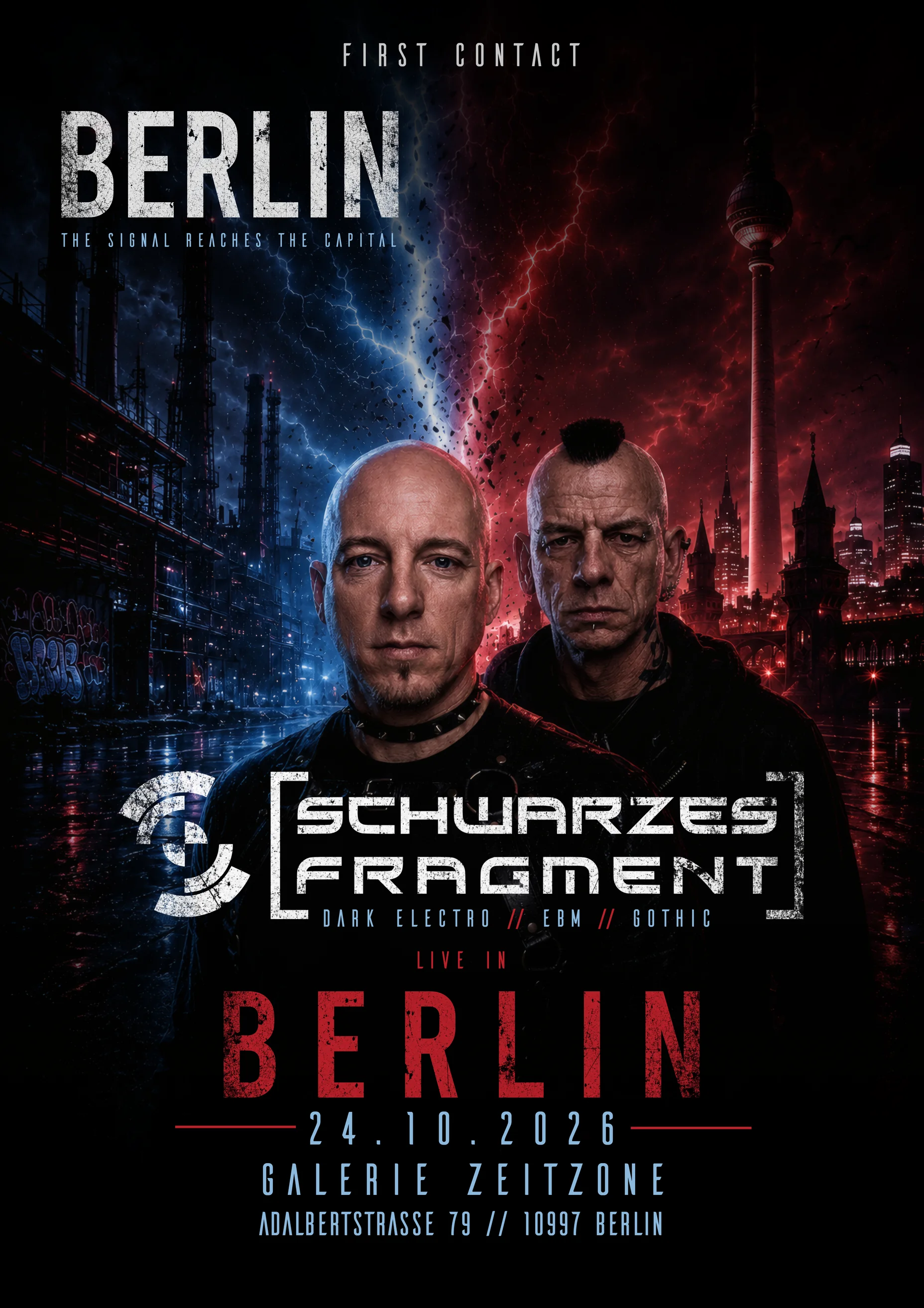 Flyer für Schwarzes Fragment live in Berlin am 24. Oktober 2026 in der Galerie ZeitZone, Adalbertstraße 79, 10997 Berlin — First Contact, der Klang erreicht die Hauptstadt / Flyer for Schwarzes Fragment live in Berlin on 24 October 2026 at Galerie ZeitZone, Adalbertstrasse 79, 10997 Berlin — First Contact, the signal reaches the capital