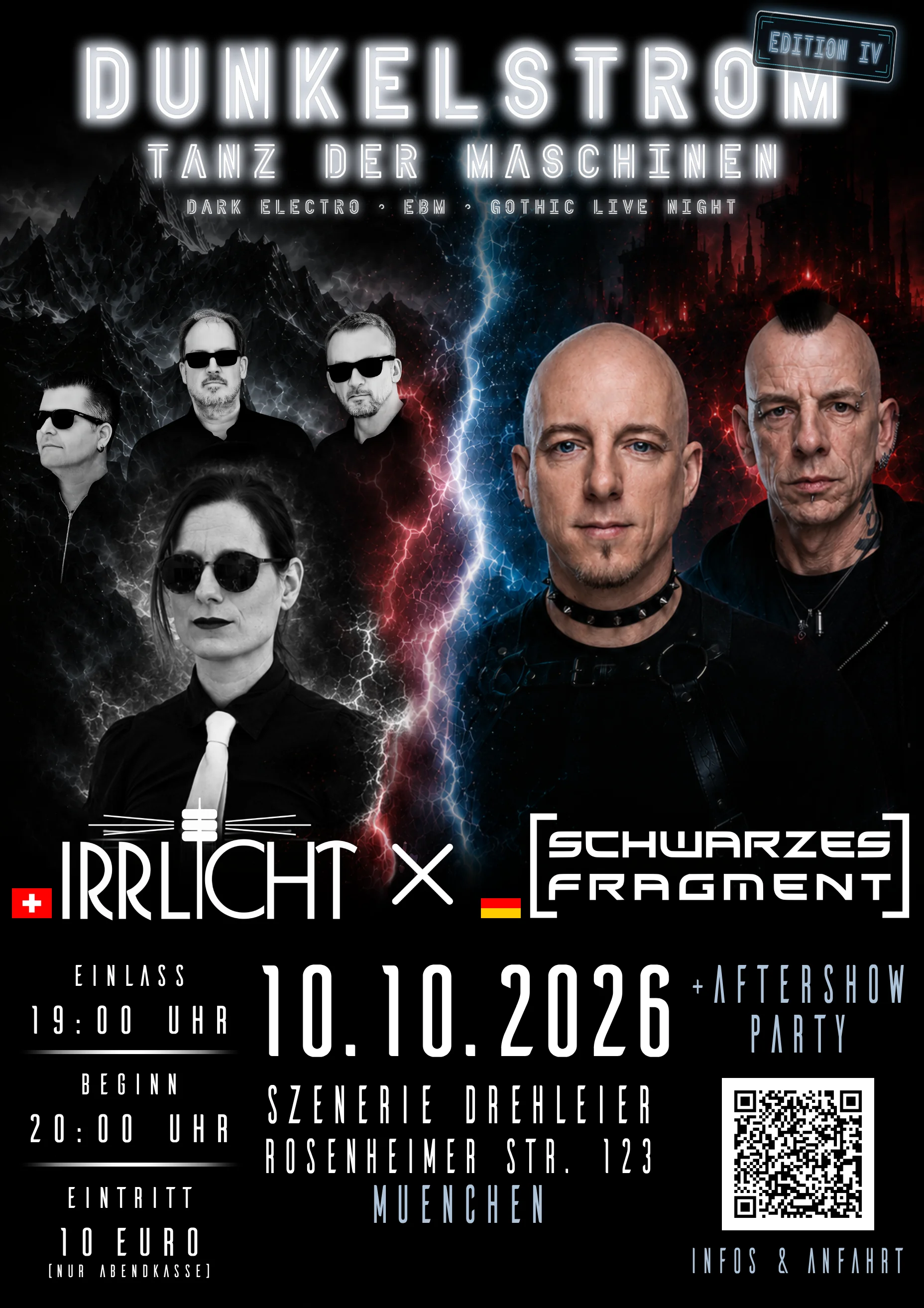 Flyer für DUNKELSTROM IV am 10. Oktober 2026 in der Szenerie Theater Drehleier, München — Irrlicht & Schwarzes Fragment, kuratiert von Schwarzes Fragment / Flyer for DUNKELSTROM IV on 10 October 2026 at Szenerie Theater Drehleier, Munich — Irrlicht & Schwarzes Fragment, curated by Schwarzes Fragment