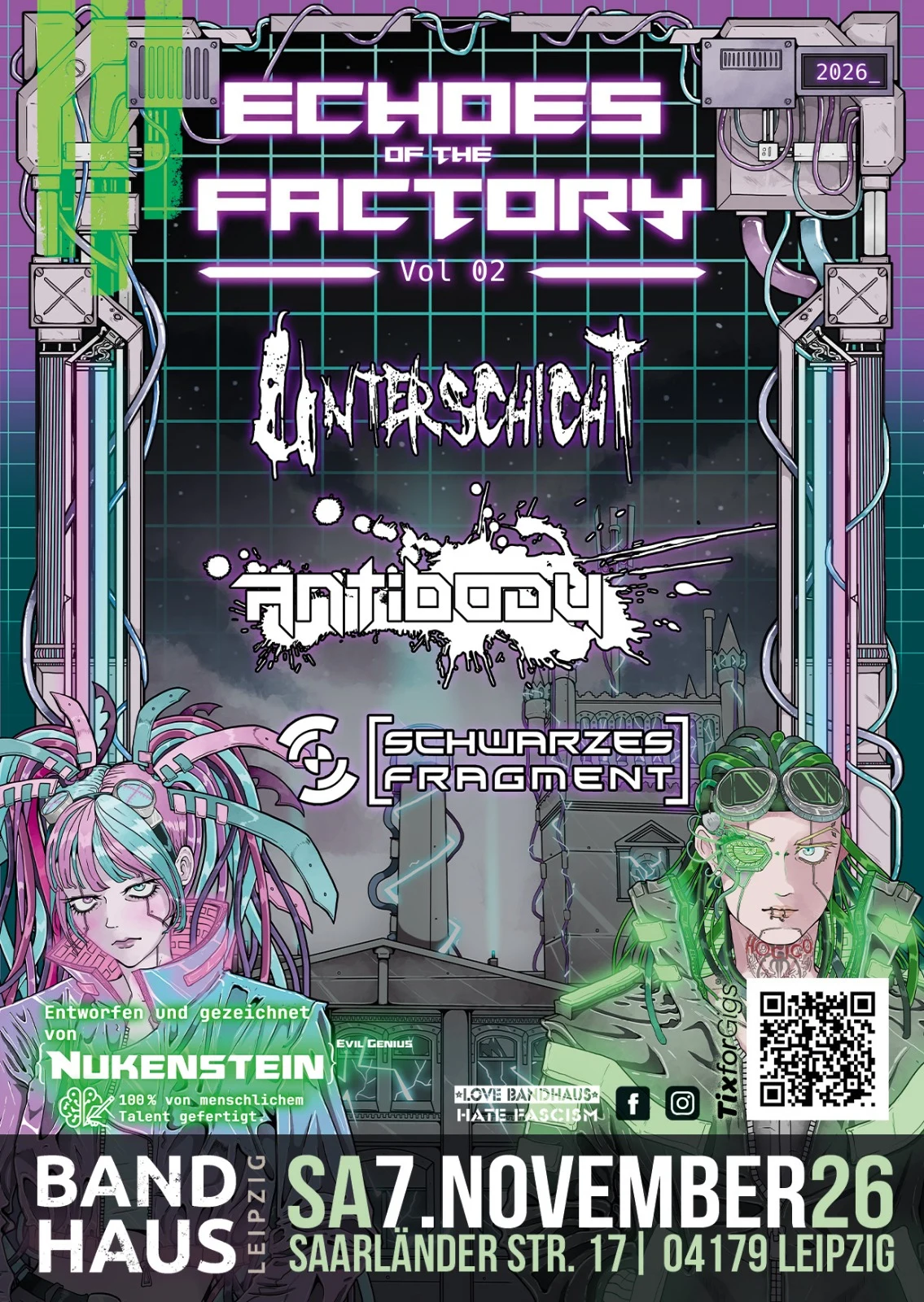 Flyer für Echoes of the Factory am 7. November 2026 im Bandhaus Leipzig — Unterschicht, Antibody, Schwarzes Fragment / Flyer for Echoes of the Factory on 7 November 2026 at Bandhaus Leipzig
